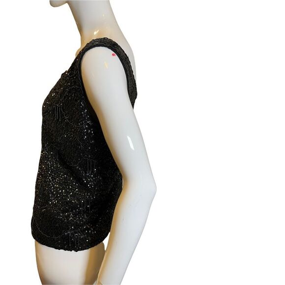 Vintage 1960s Black Sequined Crystal Embellishments Scalloped Formal Party Top M - Picture 5 of 17